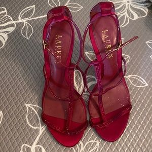 Red Satin Ralph Lauren high heels for long dress and night time
